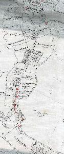 Stratford in 1799 - buildings highlighted in red [MA14]